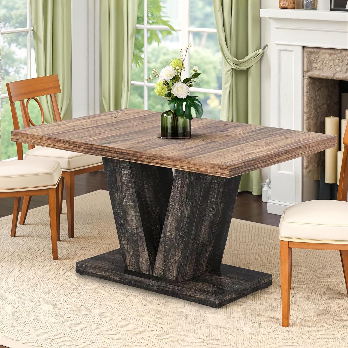 Dining Table for 4-6, 47" Farmhouse Dinner Table with with Wooden Tabletop and Heavy Duty Pedestal Wooden Rectangular Kitchen Tables for Dining Room, Kitchen, Living Room, Brown & Black