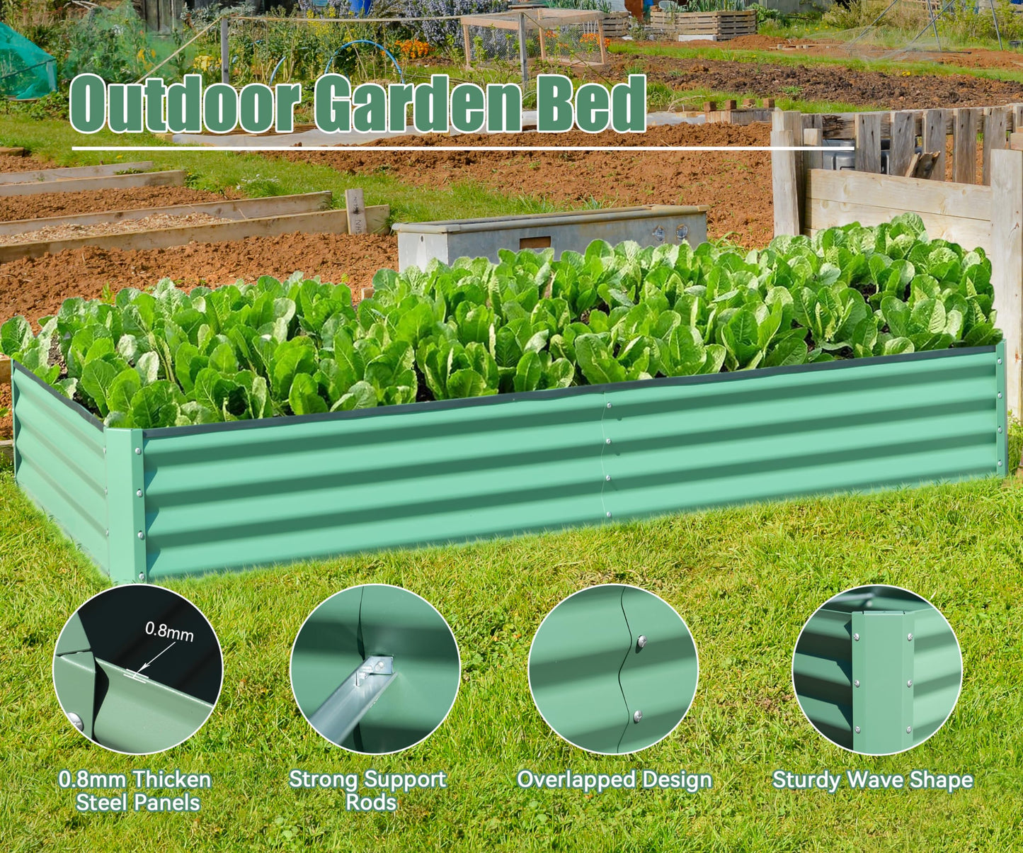 Domi Galvanized Raised Garden Bed, Outdoor Planter Garden Boxes Large Metal Planter Box for Gardening Vegetables Fruits Flowers, Green (8x4x1ft)