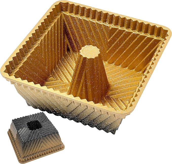 Square Fluted Tube Cake Pan, 10-Cup, Dual-Tone Gold & Black Shimmer Finish, Heavy Die-Cast Aluminum Nonstick Bakeware, 8.5-Inch Decorative Cake Mold, Easy Reales, Gift-Ready Box