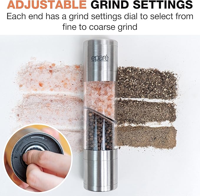 Eparé Bundle: Salt and Pepper Grinder Combo & Large Butter Dish With Lid For Countertop - Refillable Peppermill Grinders & BPA-Free Butter Keeper - Counter Dishes For Soft Butter Storage