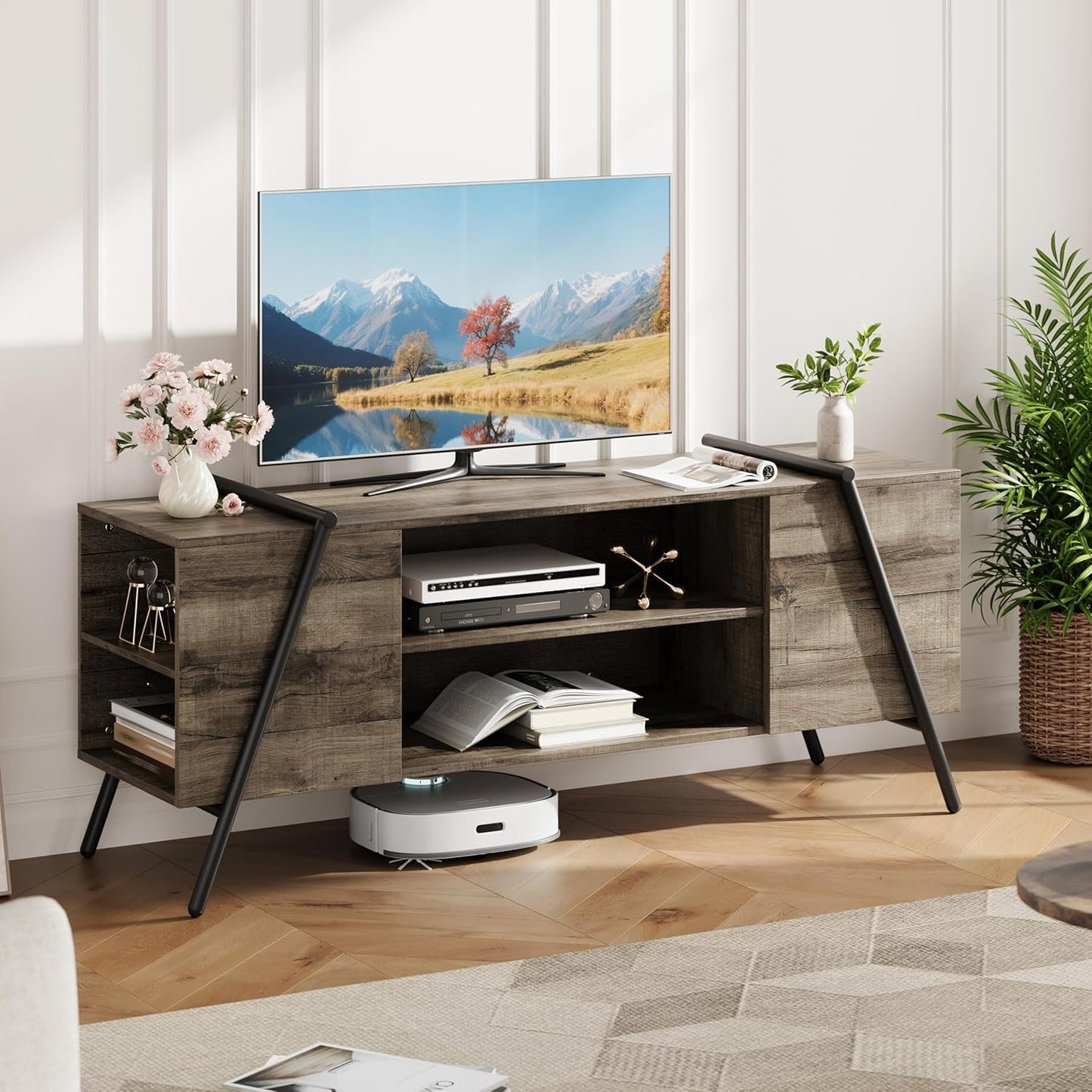 TV Stand for 65 60 55 50 Inch TV, 55" Mid Century Modern Entertainment Center with Adjustable Open Shelves & Metal Legs, Industrial Media Console Table for Living Room, Oak