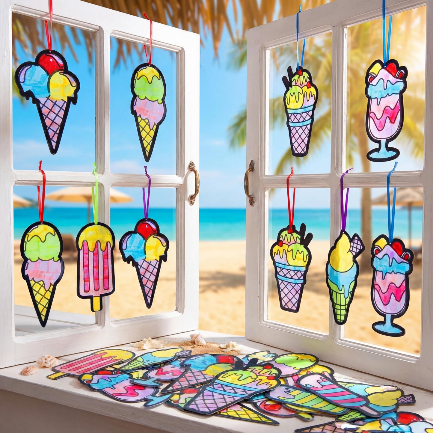 Eersida 32 Sets Summer Craft Set, Summer Ice Cream DIY Stained Glass Tissue Paper Kits SunCatcher Kits for Window Activities Art Home Boys Girls Birthday Party Decorations Favors Gift