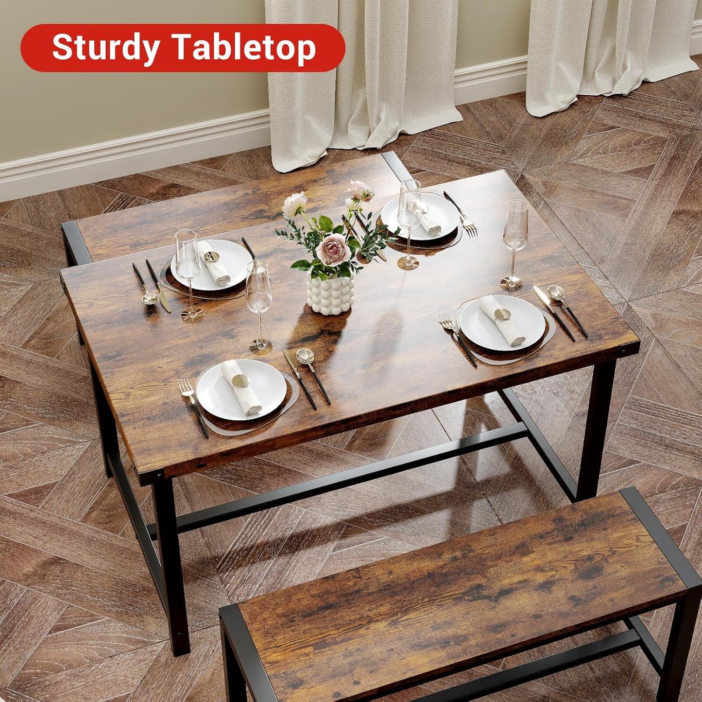 Garvee Dining Table Set for 4, Kitchen Table with Benches, 3 Piece Rectangular Dining Room Set with 2 Wooden Benches for Small Space, Apartment, Studio, Home, Rustic Brown