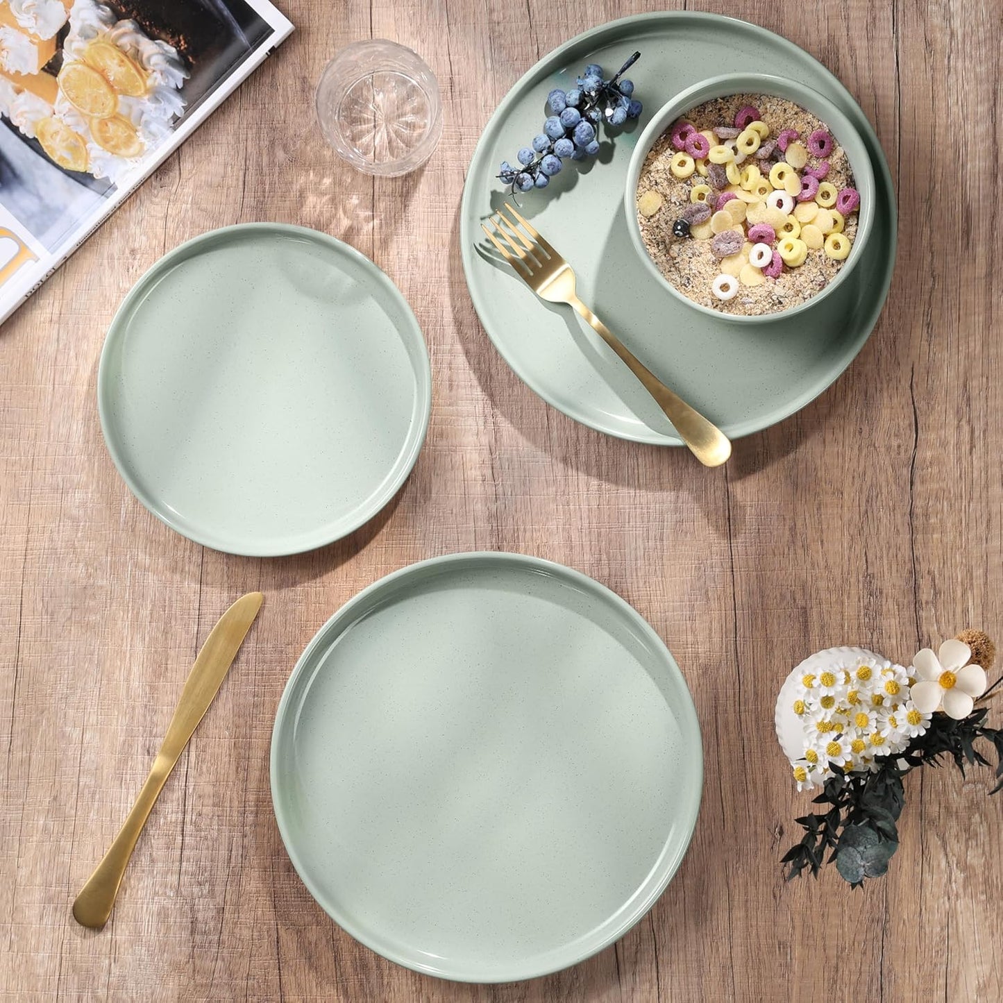 HaWare Stoneware Dinnerware Sets, 18-Piece Plates and Bowls Set for 6, Dishes Set for Home Restaurant, Speckled Asparagus Green