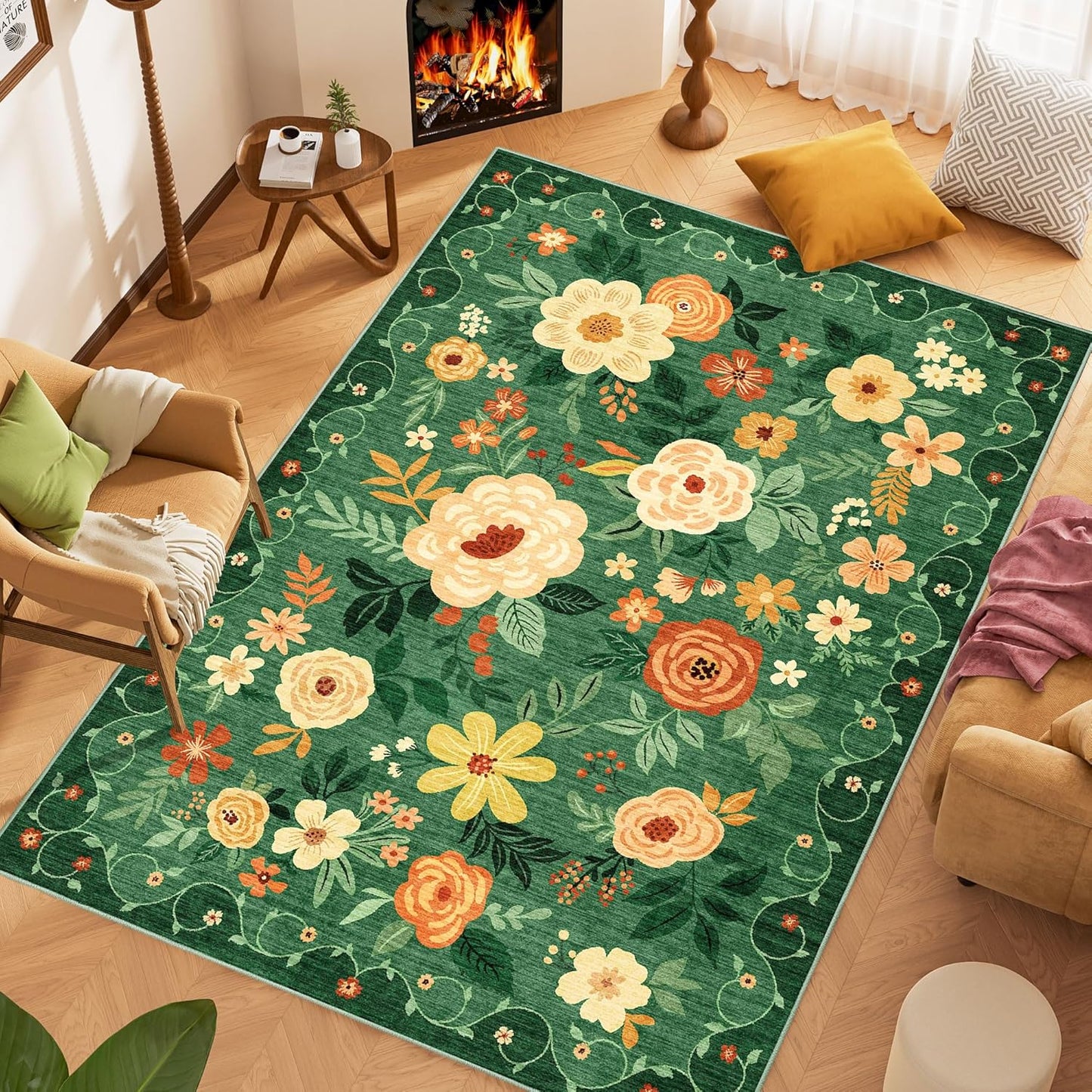 DUKINO 5x7 Area Rug, Floral Rugs for Living Room, Lightweight Non Slip Washable Rug, Indoor Low Pile & Non-Shedding Boho Design Rugs for Bedroom, Playroom, Dining Room, Dark Green