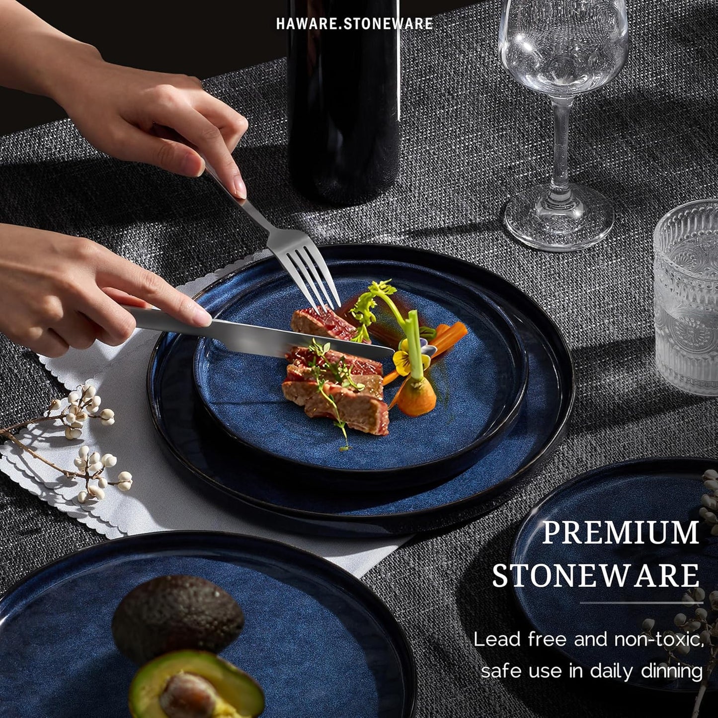 HaWare Dinnerware Sets, 16-Piece Plates and Bowls Set, Stoneware Dish Set for 4, Ceramic Dishware Set for Pasta Cereal, Chip and Scratch Resistant, Microwave and Dishwasher Safe, Reactive Starry Blue