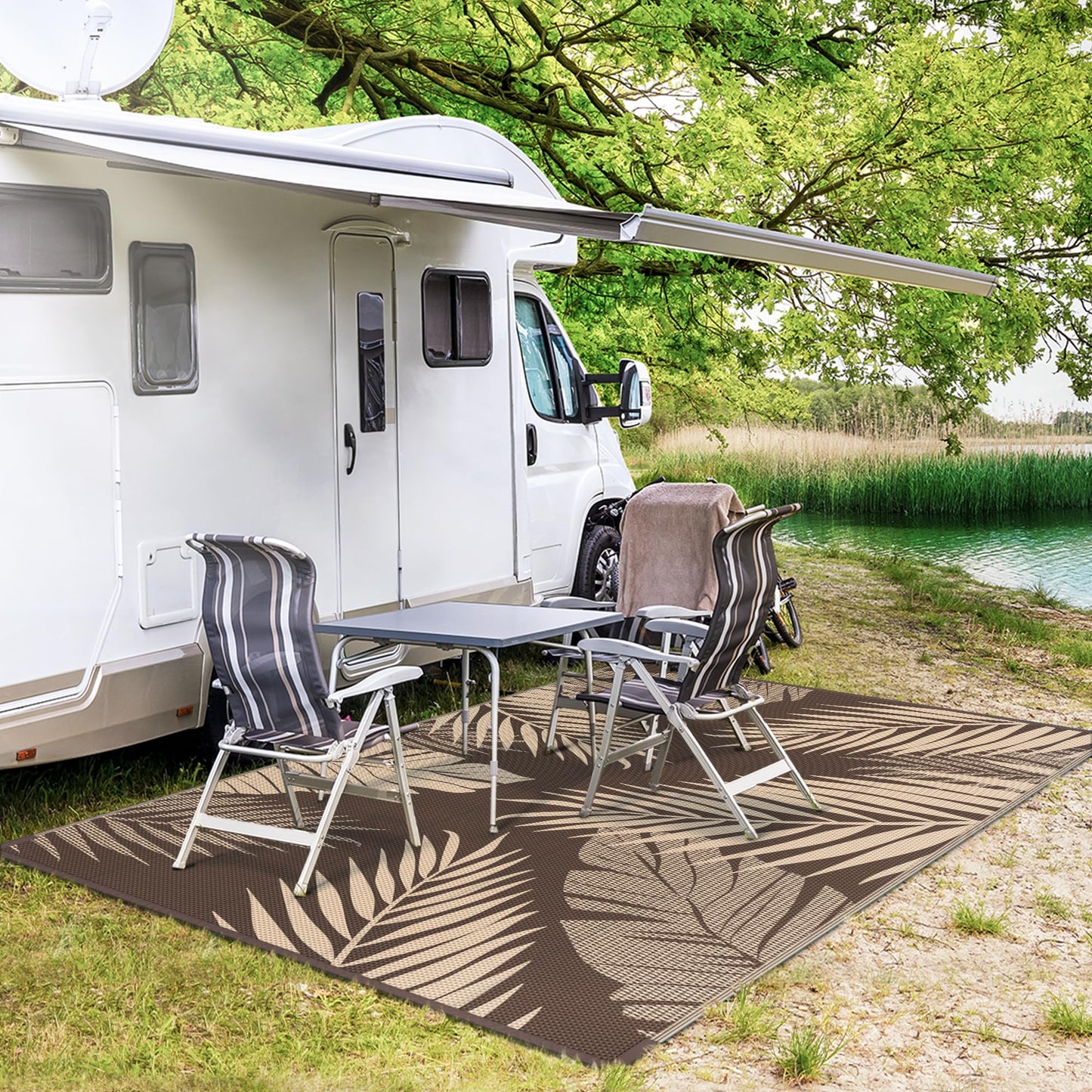 GENIMO Outdoor Rug 9' x 12' Waterproof for Patios Clearance, Reversible Outdoor Plastic Straw Camping Rug Carpet, Large Area Rugs Mats for RV, Camper, Deck, Balcony, Porch, Beach, Picnic, Coffee&Beige