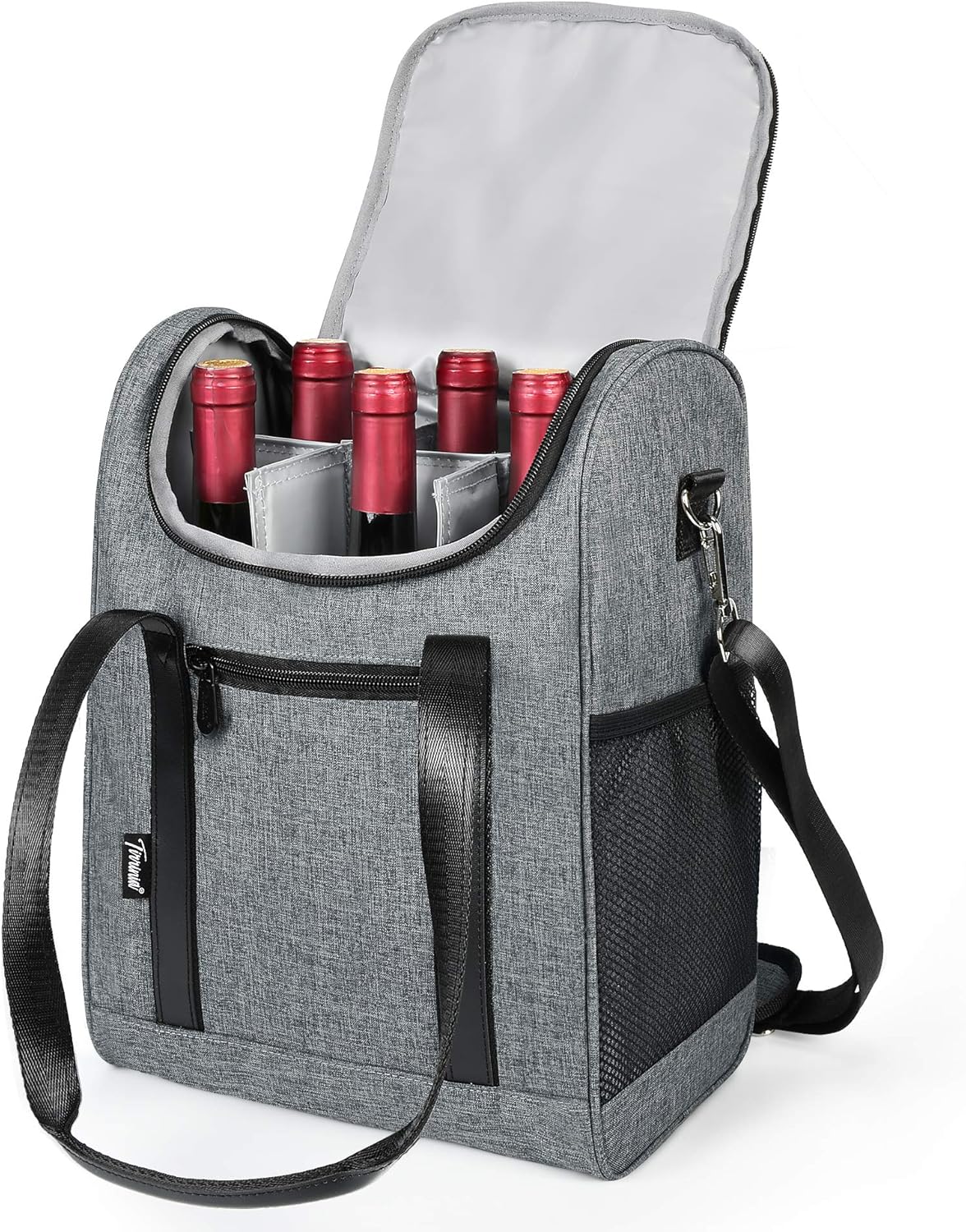 Tirrinia 6 Bottle Wine Cooler Bag - Insulated & Padded Versatile Wine Gift Carrier Tote Bag for Travel, BYOB Restaurant, Wine Tasting, Party, Best Gift for Wine Lover, Grey