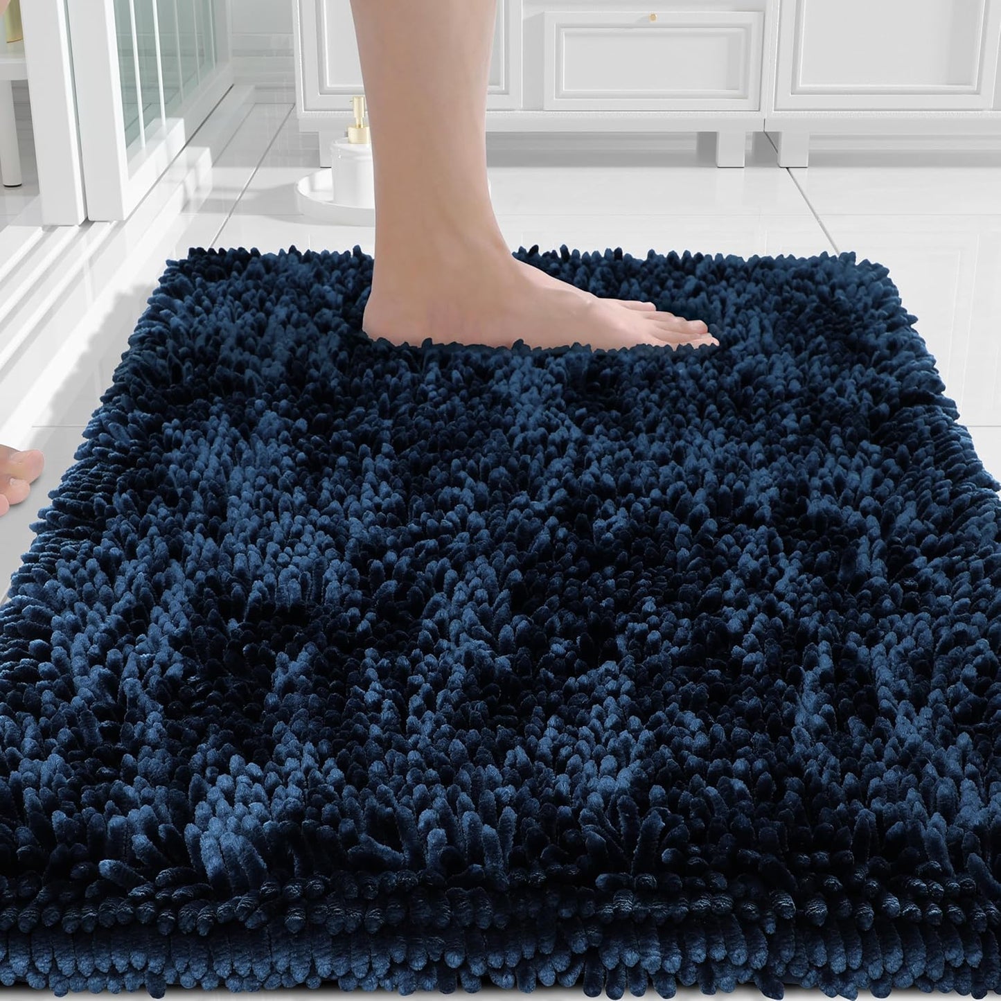 Yimobra Chenille Bathroom Rugs Non Slip, Extra Thick Soft Absorbent Bath Rug, Machine Washable Quick Dry Bath Mat for Bathroom Floor, Tub and Shower, Home Decor Accessories, 24x17, Navy Blue