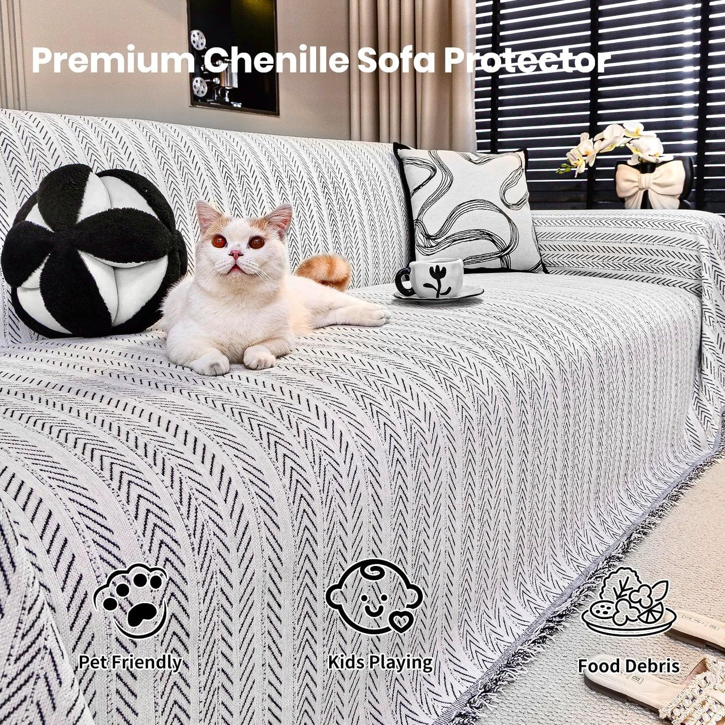 Nobildonna Sofa Cover Washable Soft Thicken Chenille Couch Cover with Tassel,Waterproof Sofa Slipcover for 3-4 Cushion Couch,Sectional Sofa,L-Shaped Furniture Protector Pet-Friendly,Beige 71"x150"