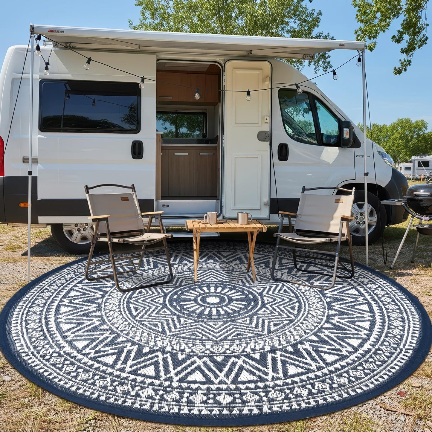 famibay Outdoor Rug Waterproof 6ft Round, Reversible Boho Plastic Straw Patio Camping Area Rugs, Portable Indoor Outdoor RV Mat for Deck, Porch, Balcony, Backyard, Picnic, Beach, Pool, Blue & White