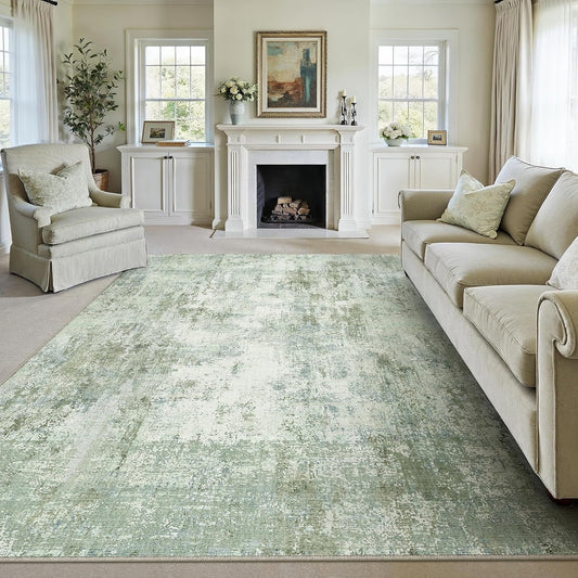 9x12Washable Area Rug Green Modern Neutral Abstract Living Room Bedroom Indoor Floor Carpet Low Pile Soft Non-Slip Lightweight Vacuumable Large Throw Rug for Nursery Dining Room
