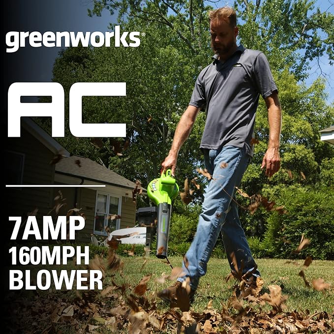 Greenworks 7 Amp 160 MPH/150 CFM Single Speed Electric Blower, 24012, green