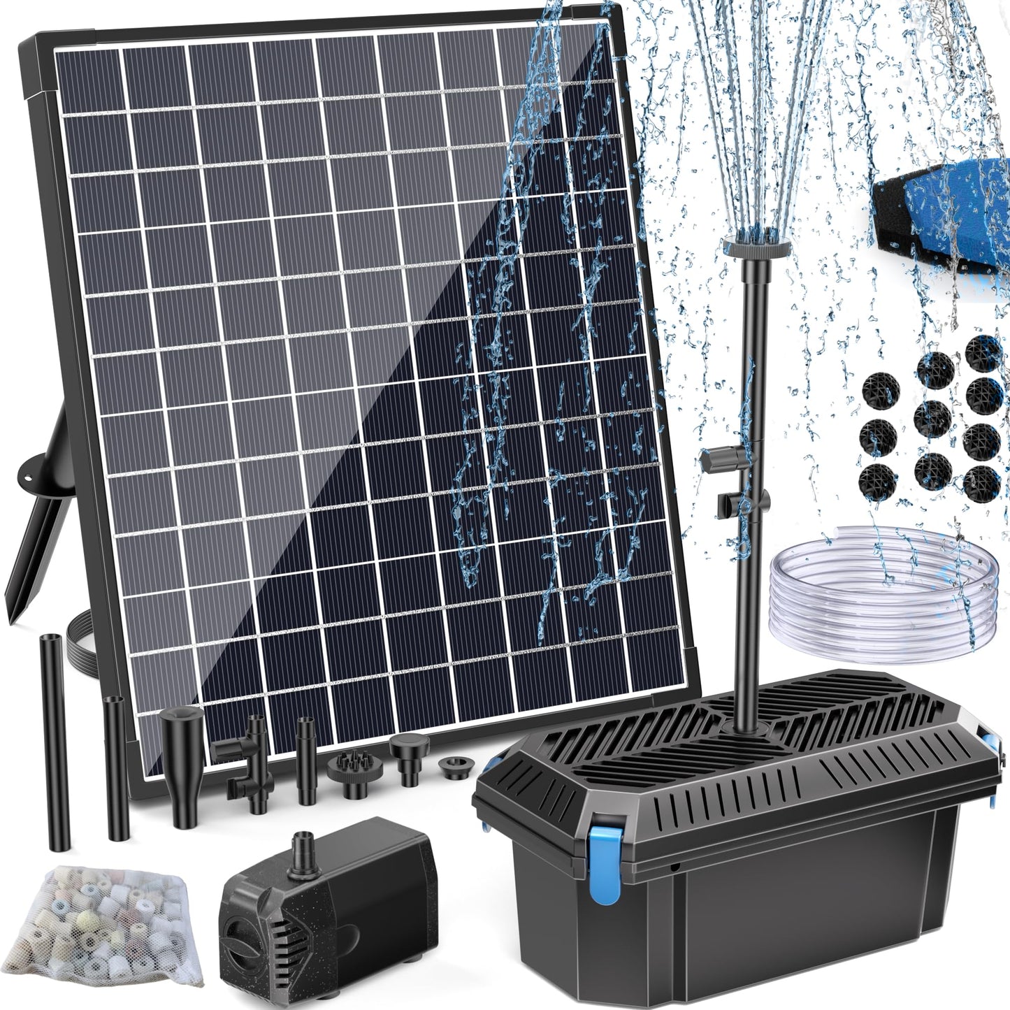 POPOSOAP 25W Solar Water Pump with Pond Filter, Solar Pond Filter with Pond Pump Water Flow Adjustable, Pond Filter with PVC Tubing for Outdoor Ponds Fish Tank Waterfall Garden Water Features P3253