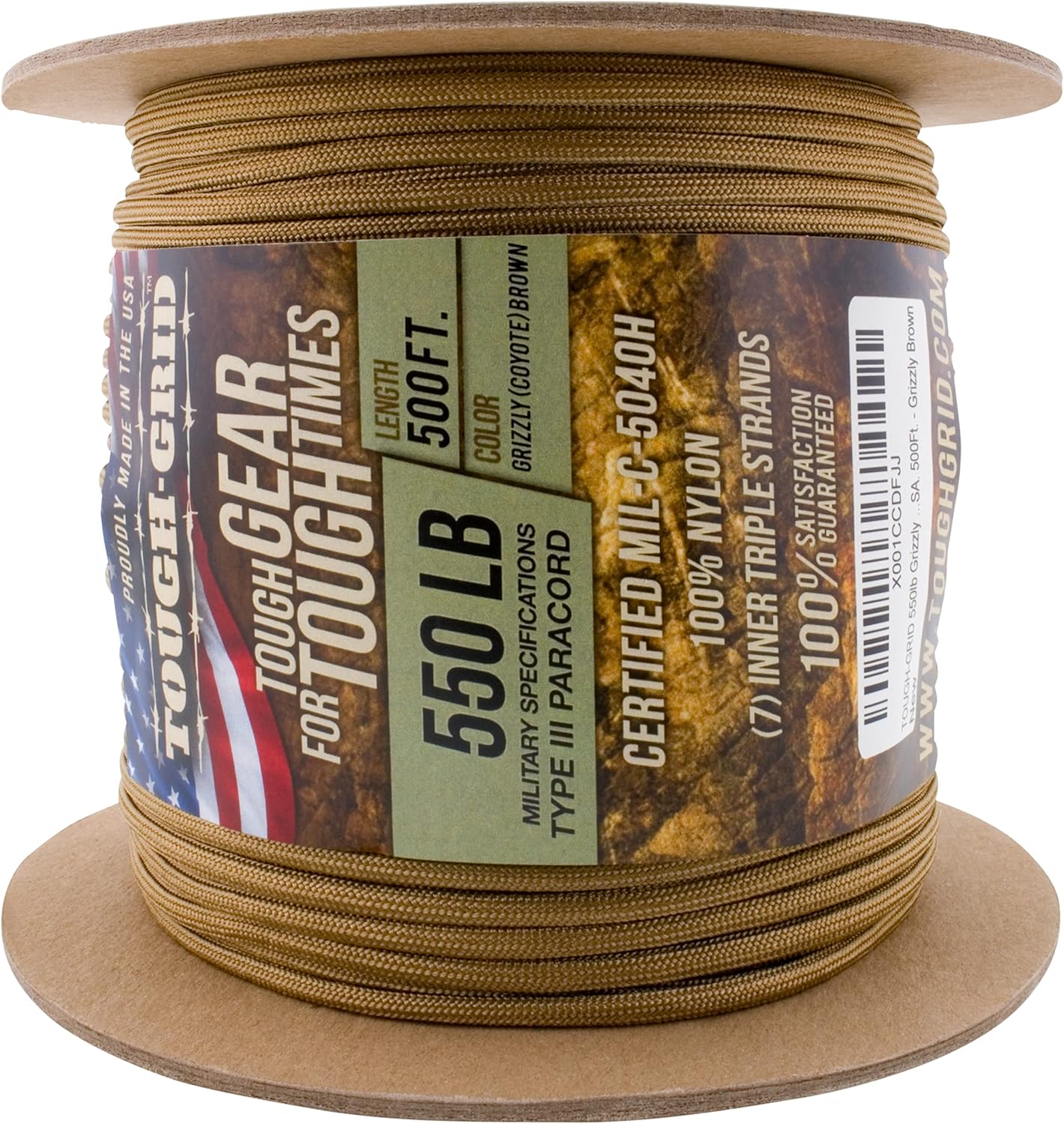 TOUGH-GRID 550 Paracord Rope Nylon Parachute Cord, Made in USA Survival Kit, Outdoor Adventures, Camping, Tactical Gear & Emergency Supplies, Military Type III Mil-Spec