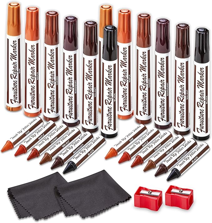 Furniture Repair Kit Set of 26 Wood Repair Kit w/Furniture Touch Up Markers Wax Crayons Sharpener & Cleaner Cloth Restore Hardwood Floor Scratches Discoloration for Wooden Door and More