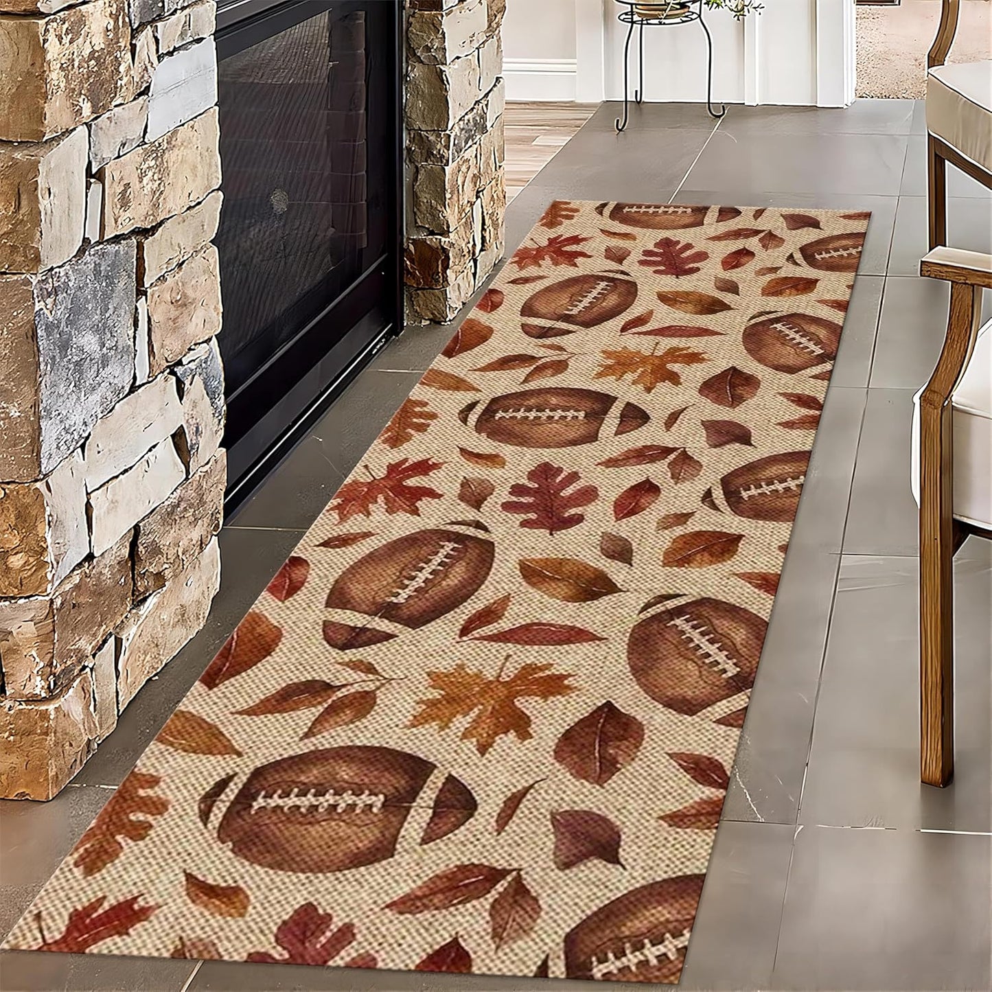 Football Rugby Living Room Rug, 4x12ft, Vintage Maple Leaf Entryway Carpets, Cozy Soft Home Decor Kids Rugs, Foldable Washable Breathable Anti-Slip Rug for Front Door Dining Room