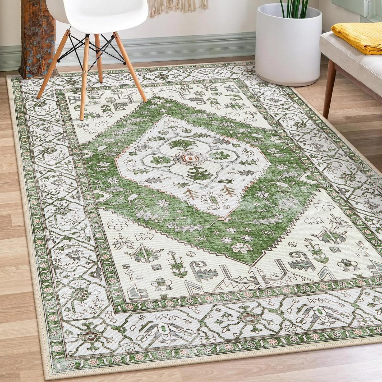 Lahome Boho Green Machine Washable Living Room Rugs - 3x5 Area Rugs for Bedroom Non-Slip Ultra-Thin Entryway Rug, Vintage Print Throw Indoor Carpet Rug for Office Kitchen (Green, 3'x5')
