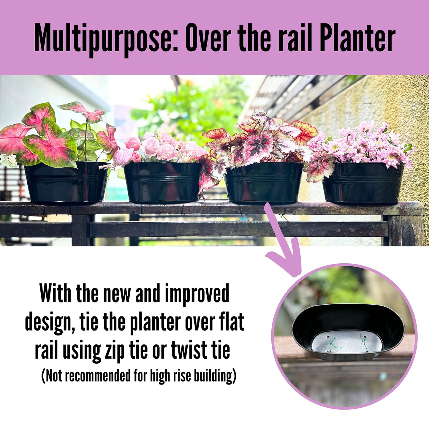 LaLaGreen Bundle - 10 Pack, 6 Inch Black + 4 Pack, 11.2 Inch Black Metal Pots,Large Iron Fence Bucket Plant Flower Herb Planter Box Balcony Rail Window Patio Porch Hook Decor Outdoor Farmhouse Design