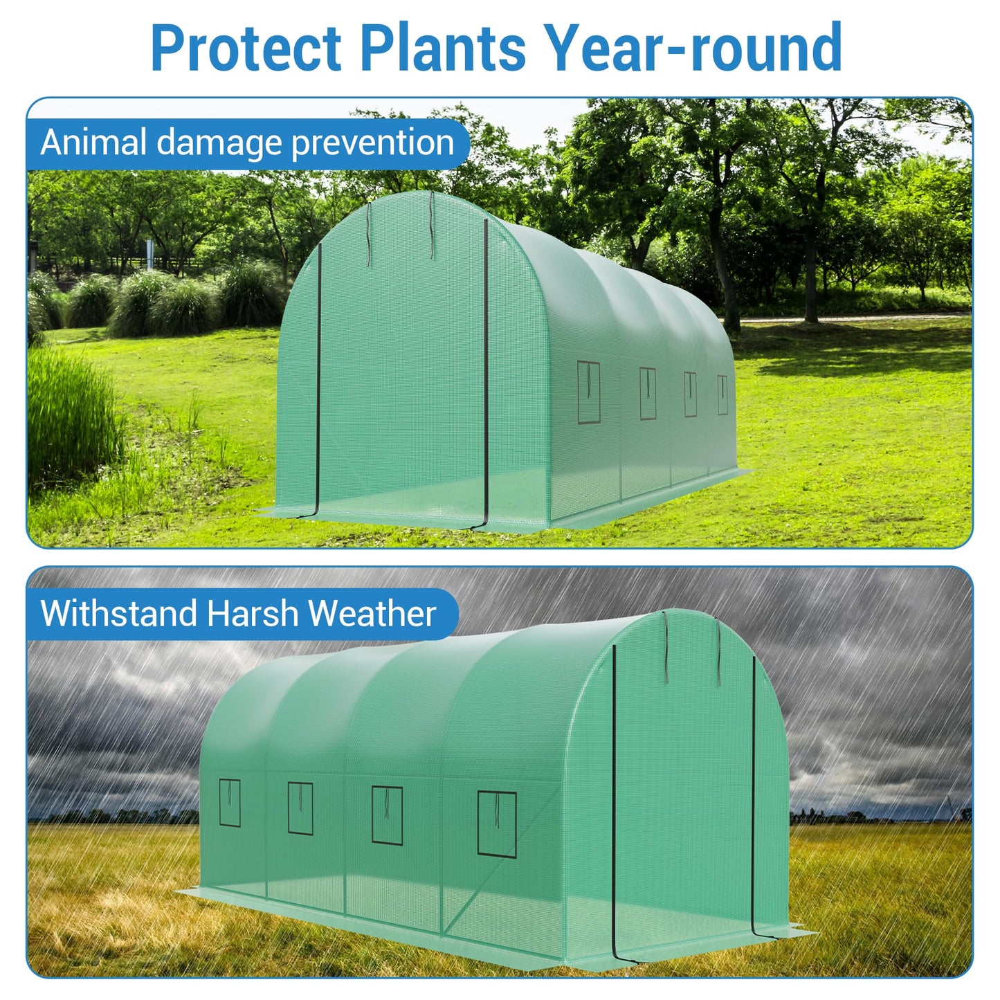 15x7x7 ft Walk-in Greenhouse for Outside - Heavy Duty Galvanized Steel Hoop House with PE Cover, 8 Windows & Roll-Up Door - Outdoor Plant Tunnel for Gardening, Vegetables & Year-Round Growing