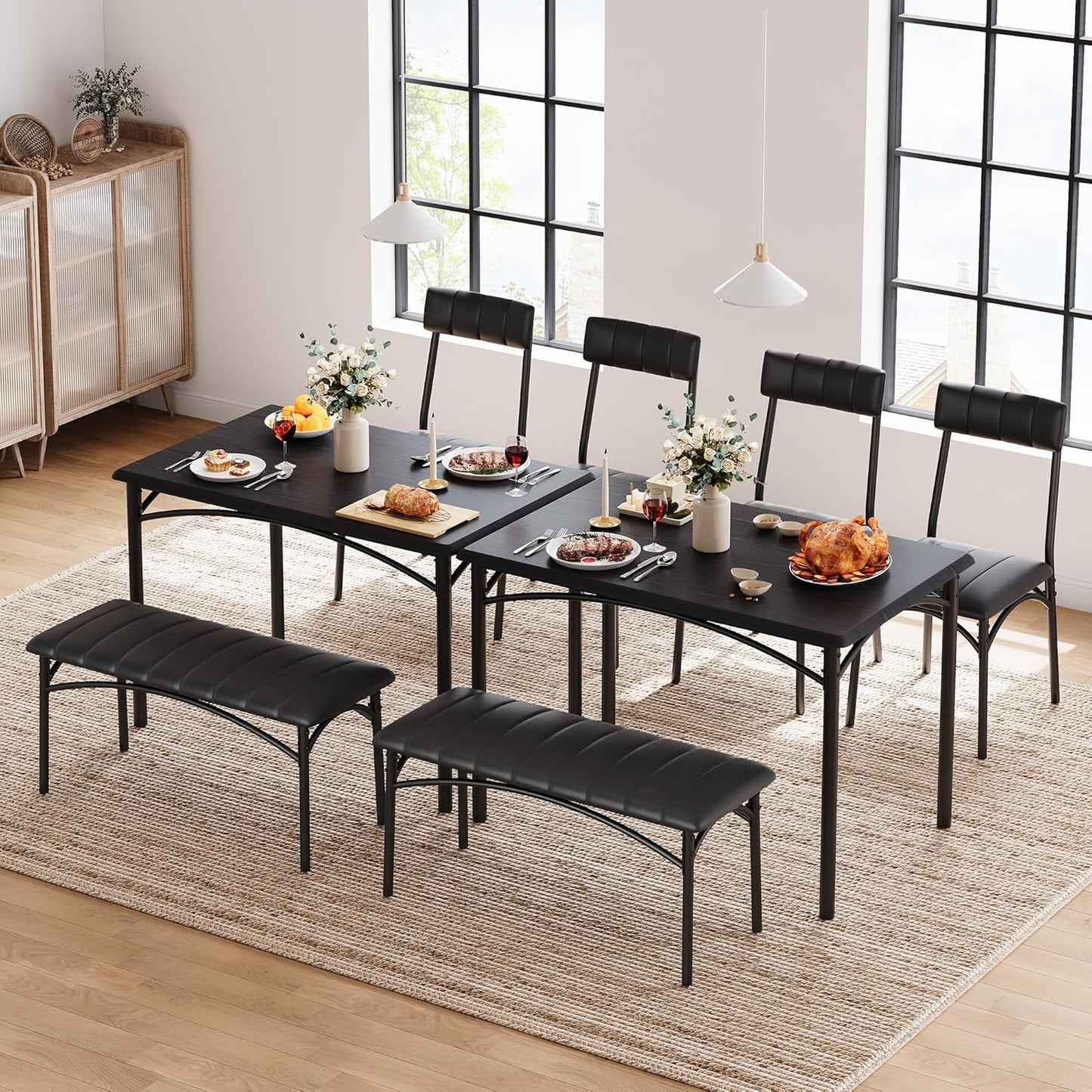 Garvee Dining Table Set for 4, Kitchen Table with Upholstered Bench and 2 Chairs, 4-Piece Wooden Dining Table Set for Apartment, Dining Room, Small Space, Black