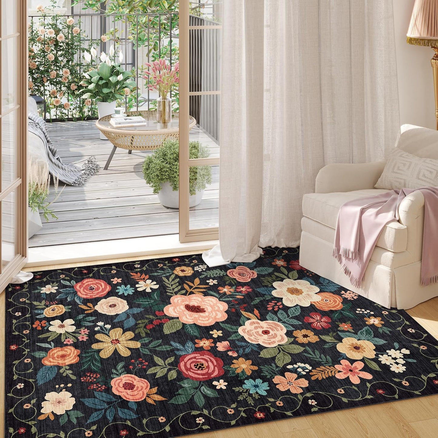 DUKINO 3x5 Area Rug, Floral Rugs for Living Room, Lightweight Non Slip Washable Rug, Indoor Low Pile & Non-Shedding Boho Design Rugs for Bedroom, Living Room, Dining Room, Black