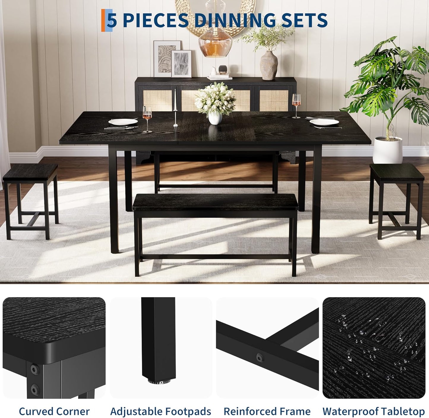 IDEALHOUSE 5-Piece Extendable Dining Table Set for 4-8 People, 63 Inch Kitchen Table with 2 Benches & 2 Stools, Space Saving Modern Dining Room Furniture, Easy Assembly, Black