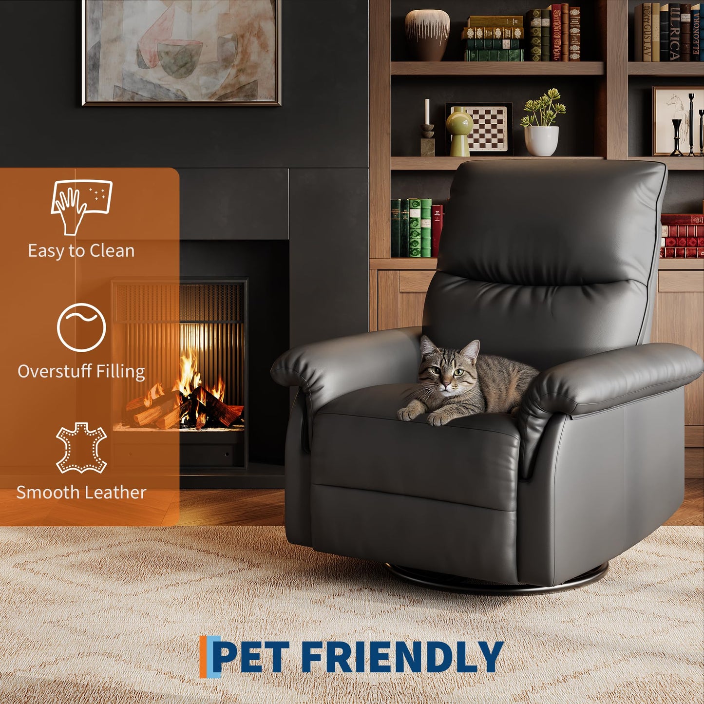 GarveeHome Recliner Chair, 360° Swivel Rocker Glider Nursery Chair with Padded Armrest and Deep Seat, PU Leather Upholstered Reclining Sofa Chair for Living Room, Bedroom and Nursery (Black)