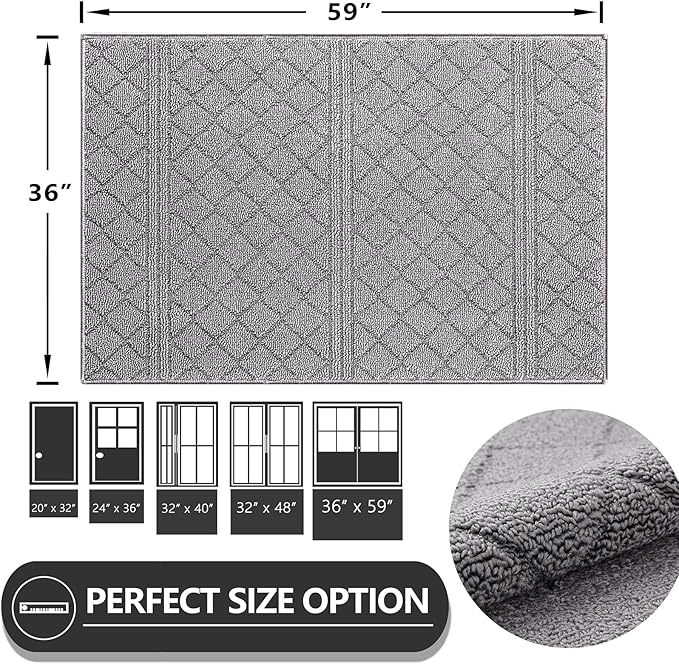 REFETONE Indoor Doormat, Front Back Door Mat 36"x60" Absorbent Rubber Backing Non Slip Door Mats, Low-Profile Resist Dirt Rugs, Machine Washable Door Rug Inside Floor Mat for Entryway, Light Grey