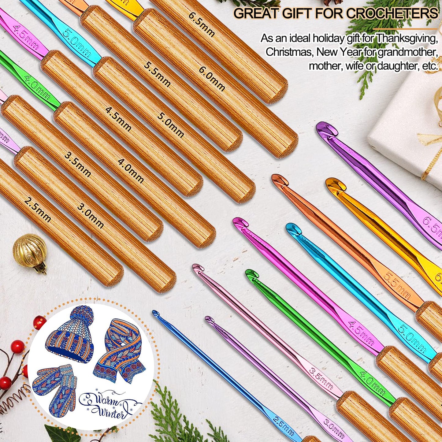 Coopay Bamboo Crochet Hooks Comfort Grip, 6.7" Crochet Kit Longer Aluminum Shaft Crochet Needles for Crocheting, Ergonomic Knitting Hooks Set for Crochet Yarn Craft, Premium Knitting Crochet Supplies