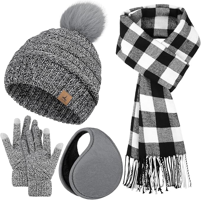 Winter Hat Scarf Gloves and Ear Warmer, Knit Warm Beanie Hat Touch Screen Gloves Long Knitted Plaid Scarf Set Gifts for Women