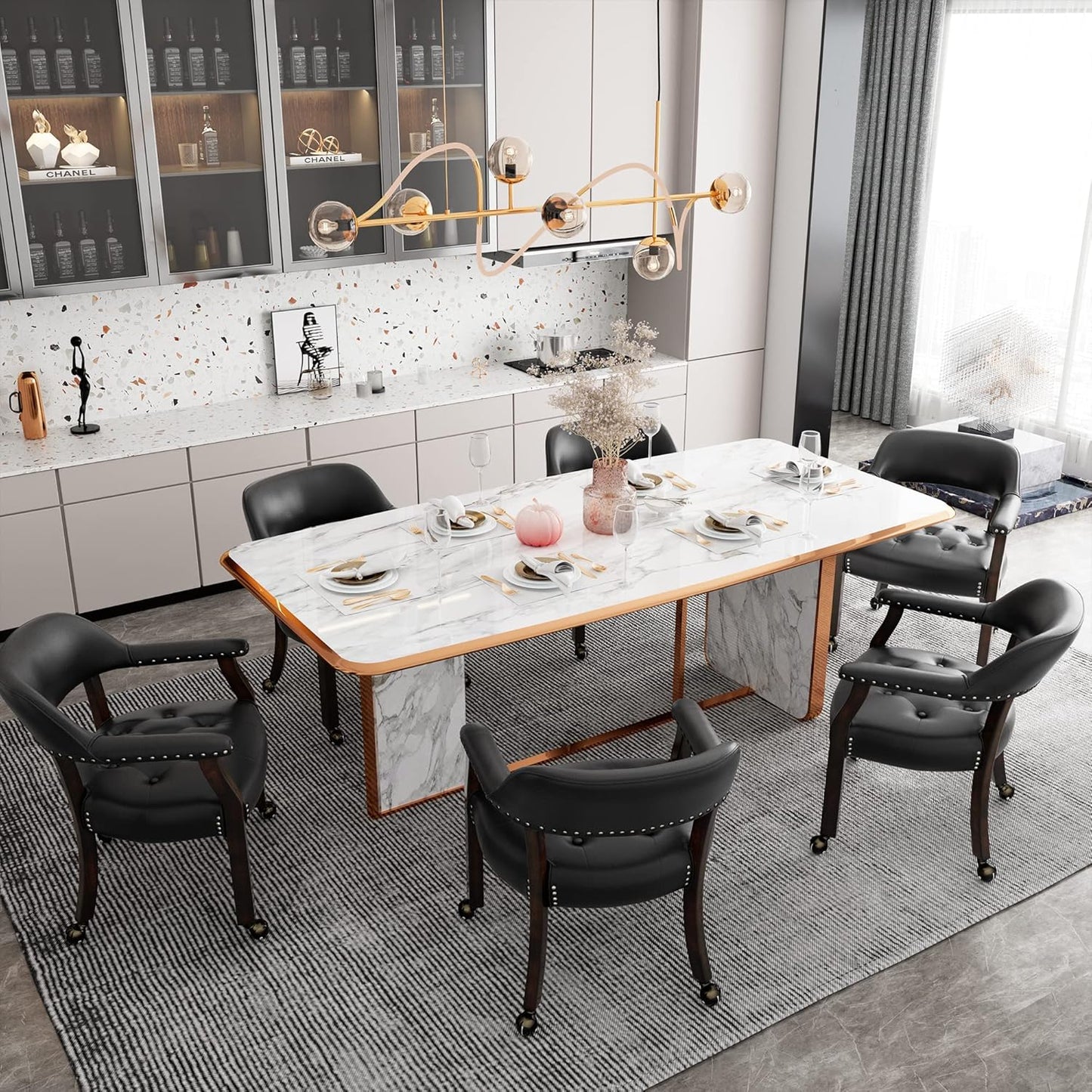 LEEMTORIG Large Dining Chairs with Casters and Arms, Rolling Dining Chairs with Wheels, Accent Game Poker Chairs, Boss Caption's Chairs, 26" D x 25.2" W x 31.5" H, Espresso Legs & Black PU, SY-318-BK