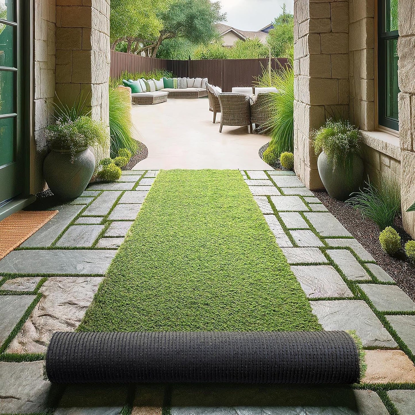 Ottomanson 2'7" x 14' Artificial Faux Grass Rug - Realistic Turf with UV Protection - Perforated for Easy Drainage - Durable, Hose-Off Synthetic Lawn Carpet for Indoor & Outdoor Use, Green