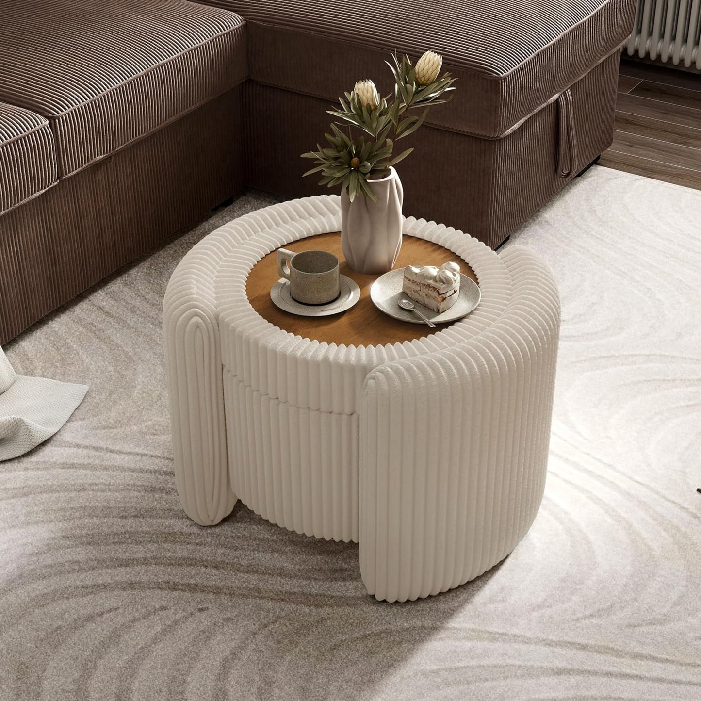 Furniture of America Lennox Modern Chenille 25-inch Round Storage Ottoman with Reversible Flip Top, Upholstered Footstool for Living Room, Bedroom, Entryway, Beige Pink