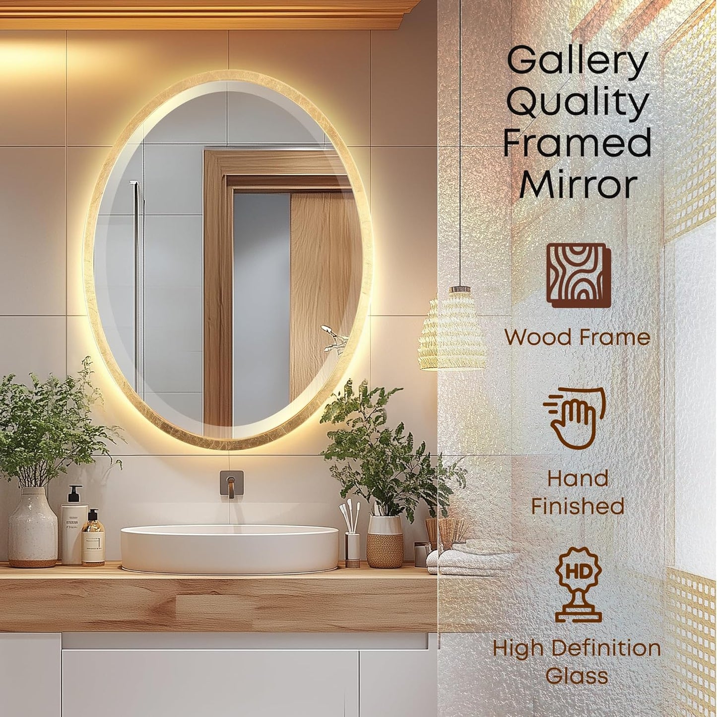 OVALCREST - Oval Wooden Beveled Wall Mirror for Home Decor, Bathroom, Vanity, Bedroom, Living Room, Hallway - London Style (Gold Leaf) 21.1 x 31.1
