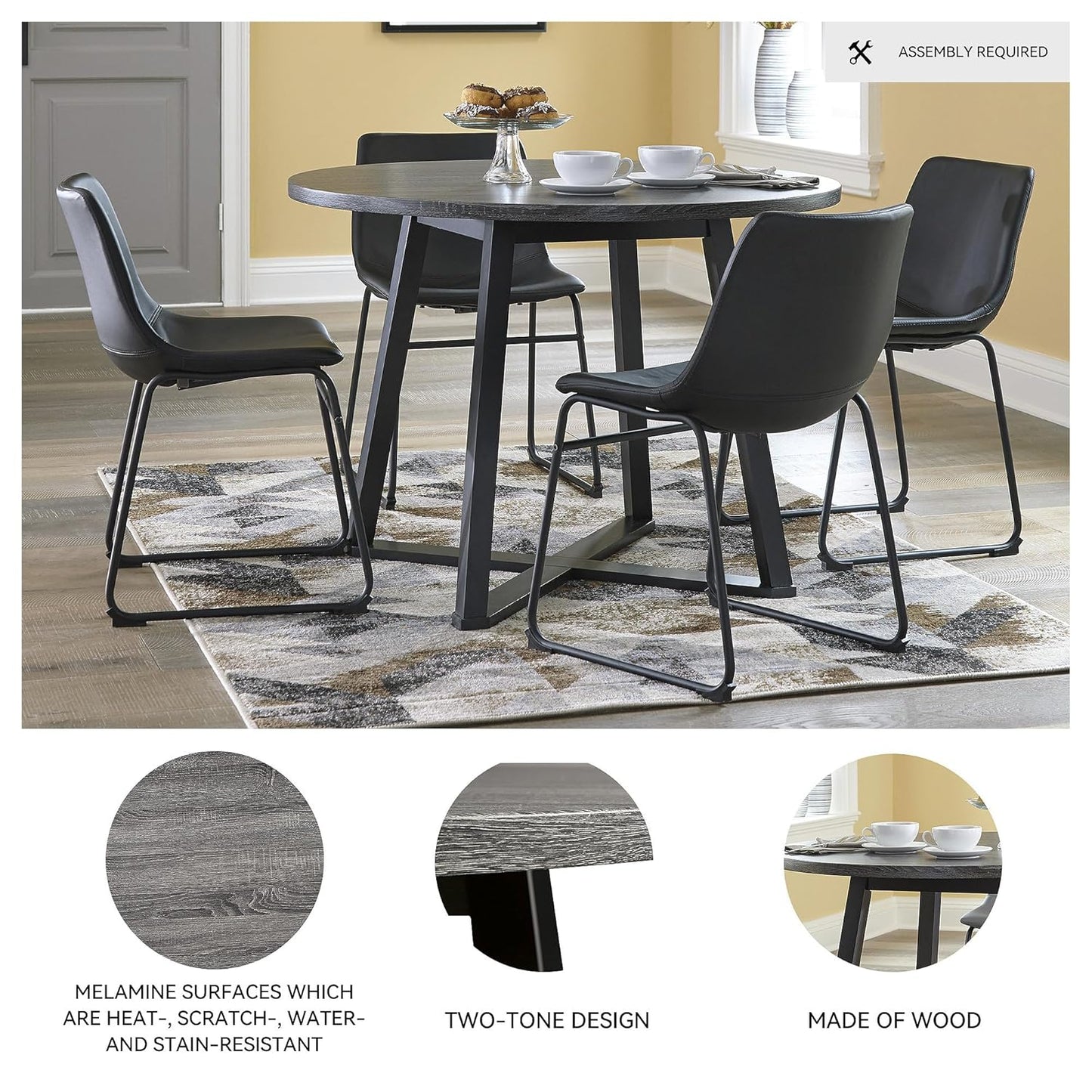 Signature Design by Ashley Centiar Mid Century Round Dining Room Table with Metal Legs, Gray & Black