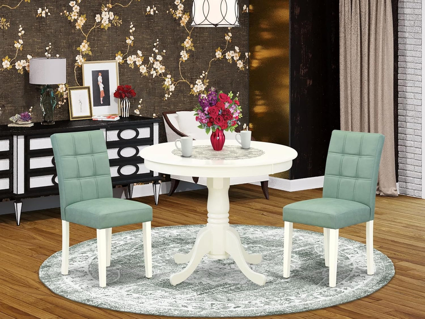 East West Furniture ANAS3-LWH-43 3 Piece Dining Table Set consists A Dinner Table and 2 Willow Green Polyester Fabric Parson Kitchen Chairs with Stylish Back- Linen White Finish