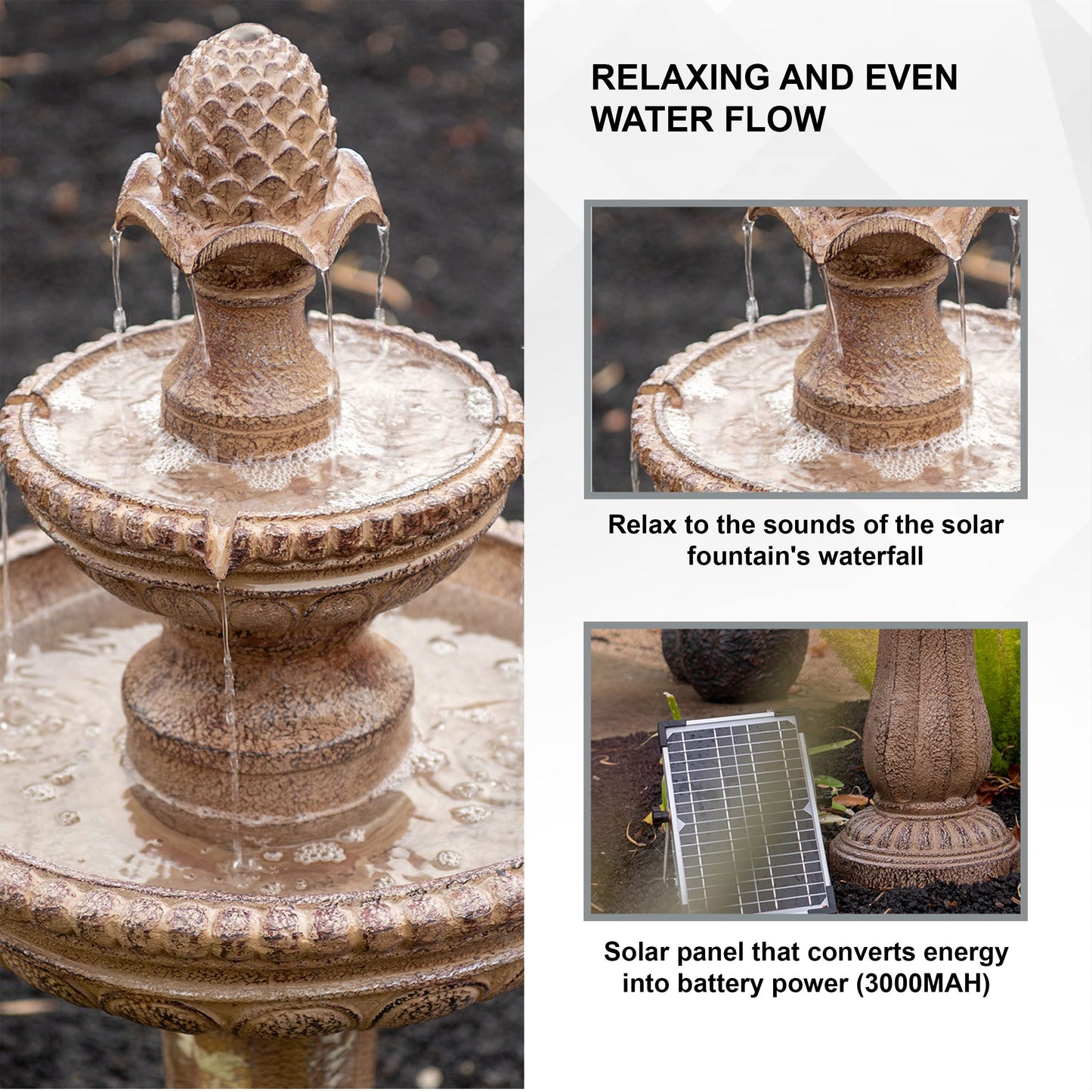 XBrand 39" Solar Water Fountain, 2-Tier Outdoor Sand Stone Resin with Solar Panel & Pump for Home Garden Yard Decor