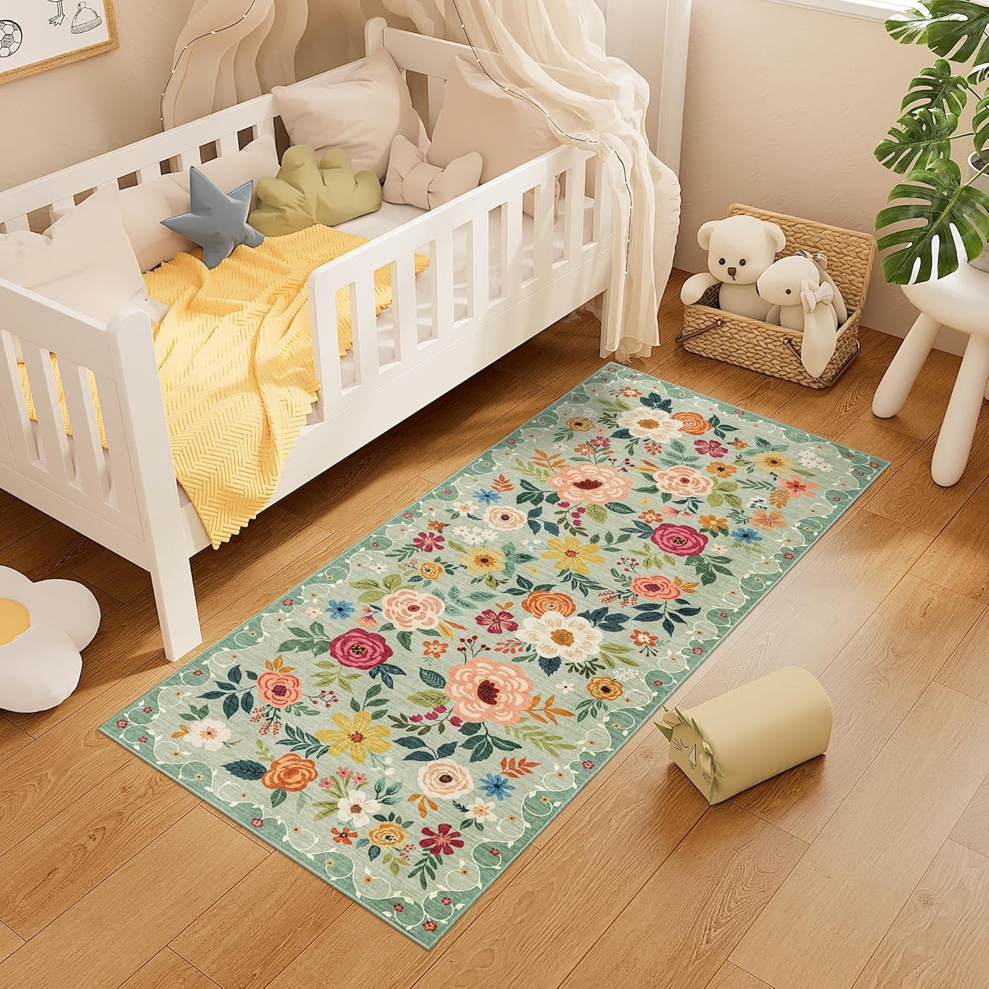 DUKINO 2x5 Runner Rug for Hallway, Washable Kitchen Floral Runner Rug with Non Slip Backing, Low Pile Soft Boho Carpet for Kitchen, Hallway, Entryway, Laundry, Bedroom, Green