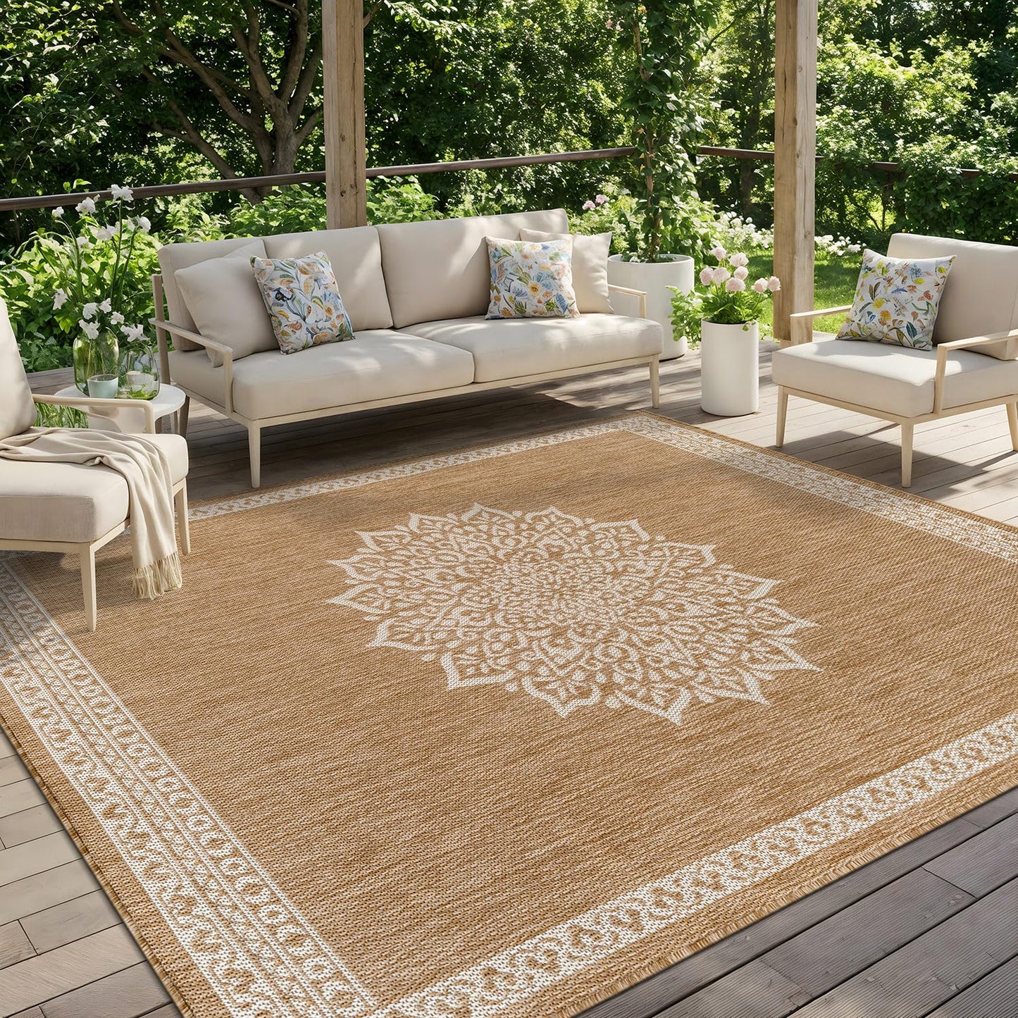 CAMILSON Outdoor Rug 10x14 Medallion Natural Modern Large Area Rugs for Indoor and Outdoor Patios Kitchen and Hallway Mats Washable Porch Deck Outside Carpet (Medallion Natural 10 x 14)