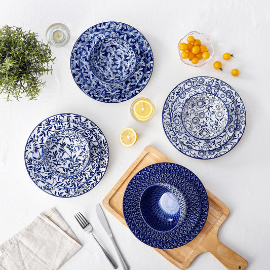 vancasso SELENE Plates and Bowls Set for 4, 12 Pieces Dinnerware Sets, Mircowave and Dishwasher Safe Dishes Set, Porcelain Blue Dinnerware