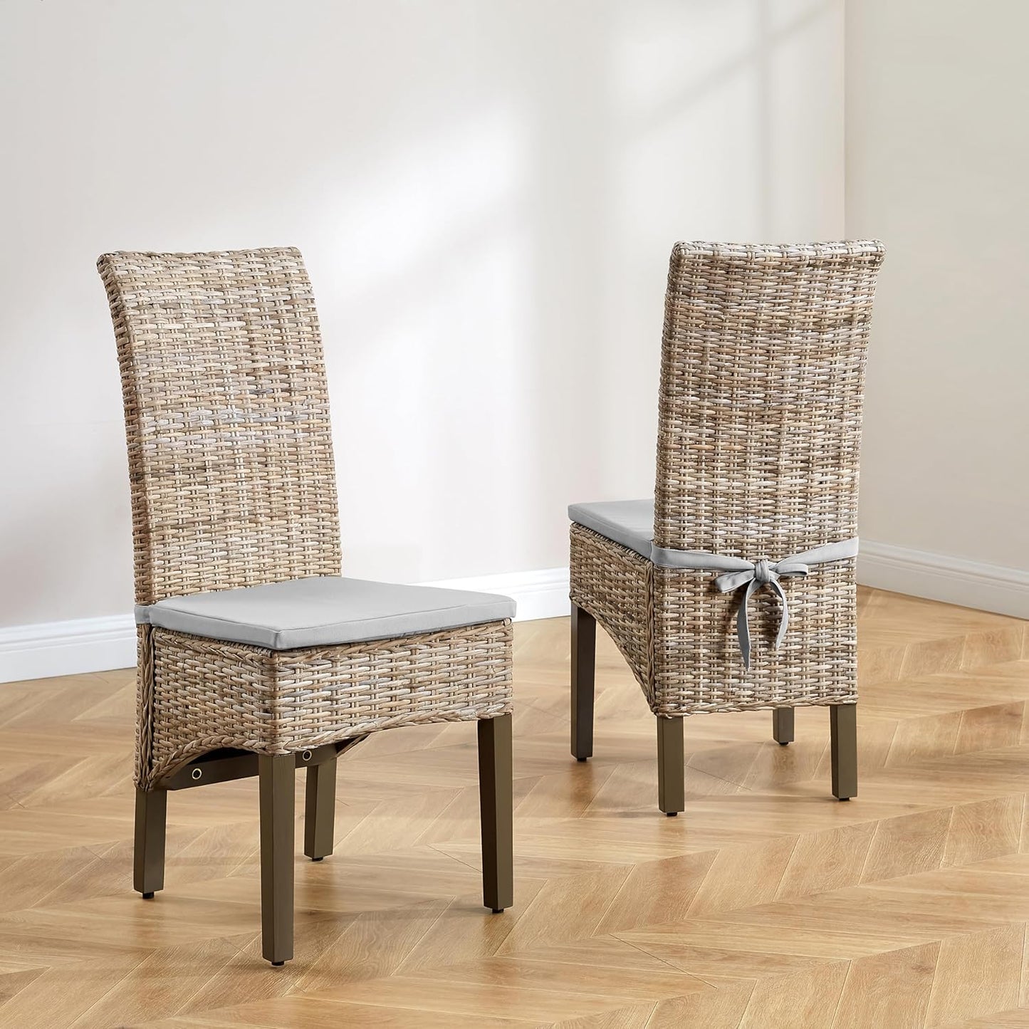 Crosley Furniture Edelyn Natural Rattan Dining Chairs Set of 2, Farmhouse Kitchen Accent Chair with Cushion, Kubu Rattan/Gray