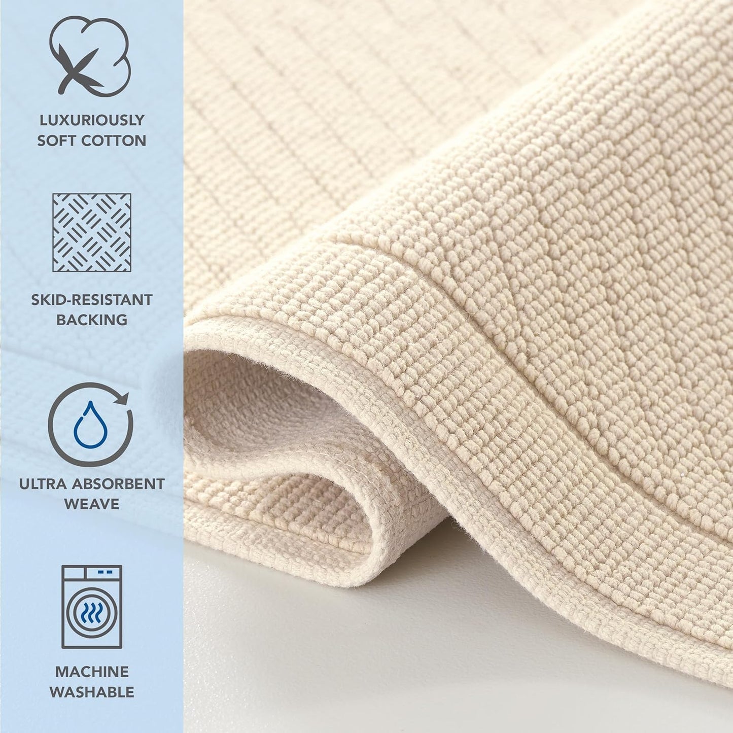 Arkwright 100% Cotton Bathroom Rug - High Absorbent Stylish Textured Woven Design Bath Mat, Slip Resistant Backing for Shower and Bathtub Floor, 24x36 in - Beige
