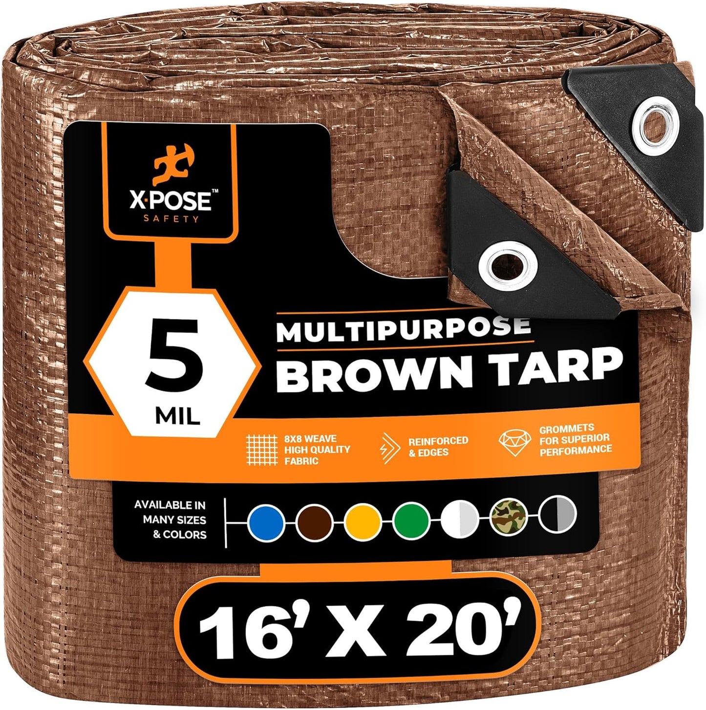 Multipurpose Protective Cover Brown Poly Tarp 16' x 20' - Durable, Water Resistant, Weather Resistant - 5 Mil Thick Polyethylene - by Xpose Safety
