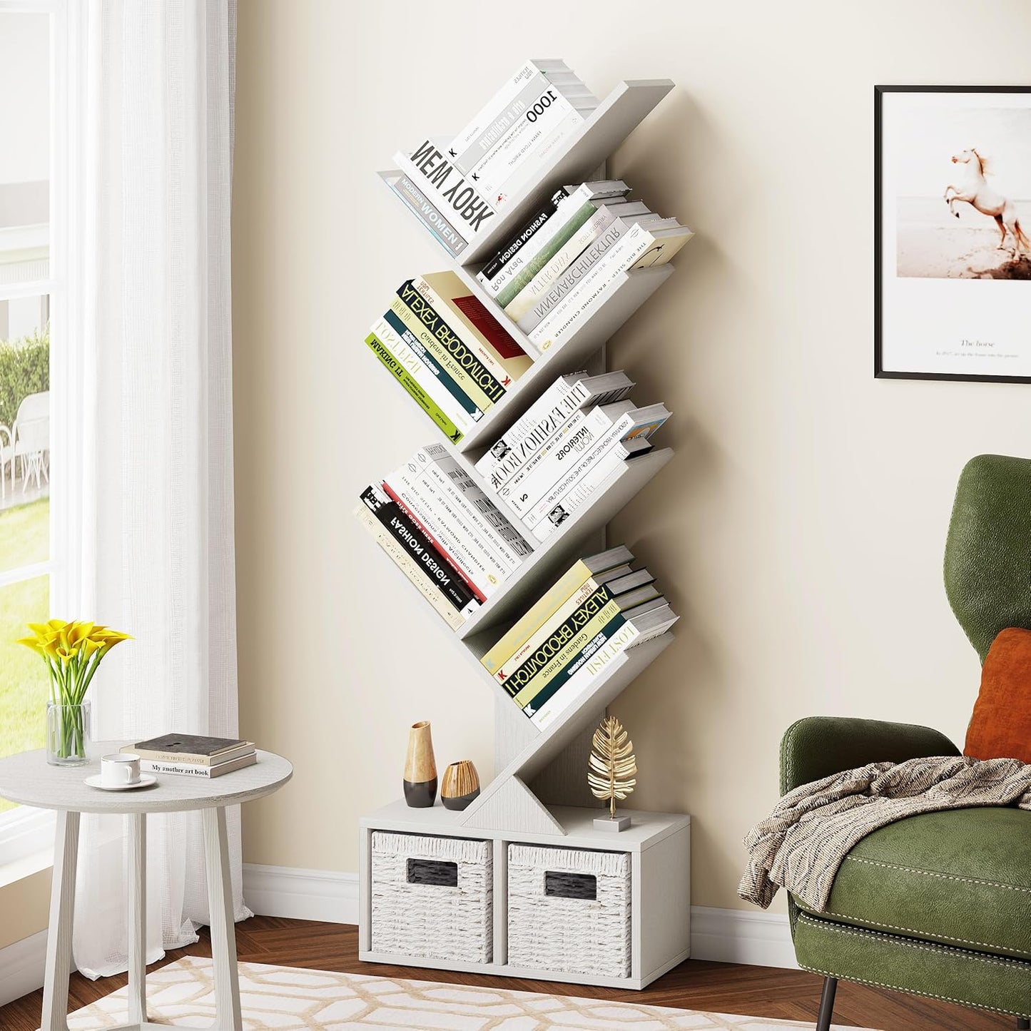 Vagusicc Tree Bookshelf, 6 Tier Bookshelf with Storage, Tall Narrow Bookcase, Rustic Wood Book Storage Rack for CDs/Books, Small Book Organizer Shelves for Bedroom, Living Room, Home Office, White