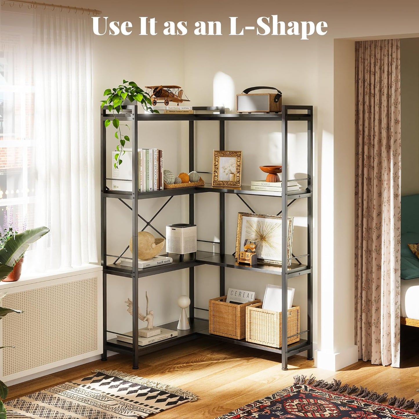 Huuger 4 Tier Bookshelf, L Shaped Corner Bookshelf with 8 Open Shelves, 49.4 Inch Straight Wide Bookcase with Metal Frame and Wooden Board, Adjustable Feet, Black