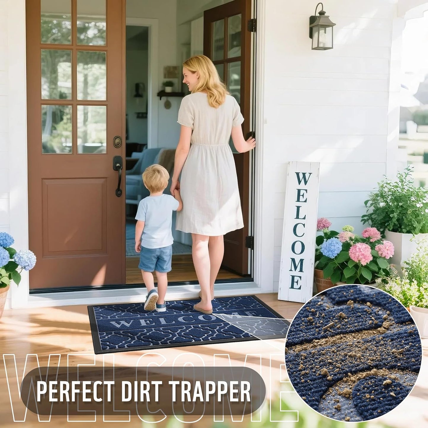 Yimobra Welcome Mat Outdoor Indoor, All-Season Waterproof Front Door Mat Outside Entrance, All-Weather Heavy Duty Non-Slip Doormat, Low Profile Porch Patio Entrance Mats, 47x32, Blue