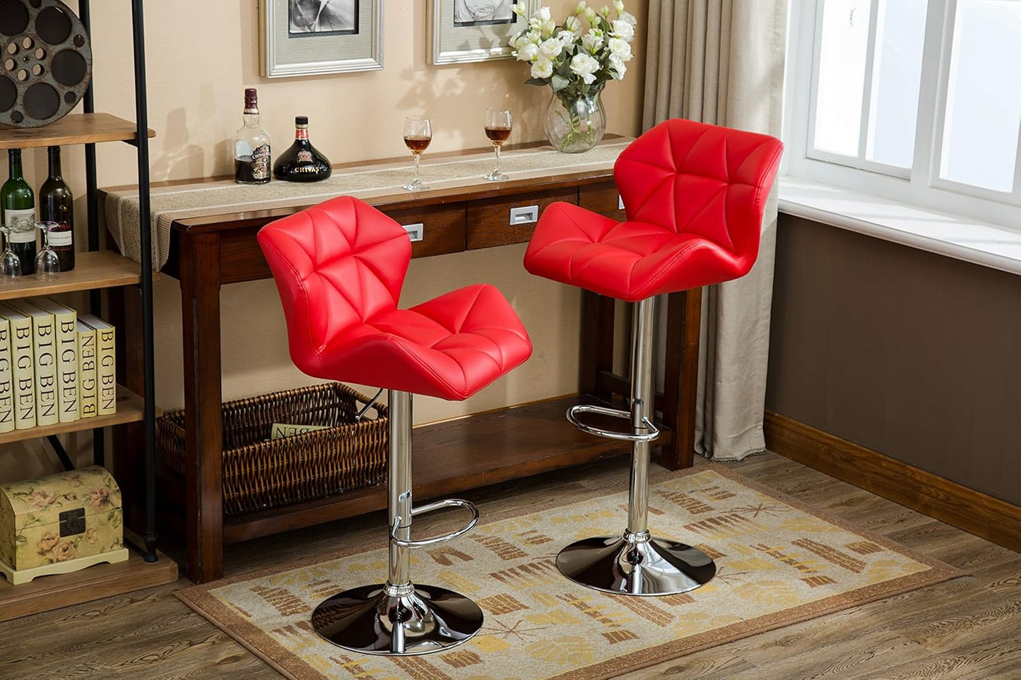 Roundhill Furniture Glasgow Contemporary Tufted Adjustable Height Hydraulic Red Bar Stools, Set of 2