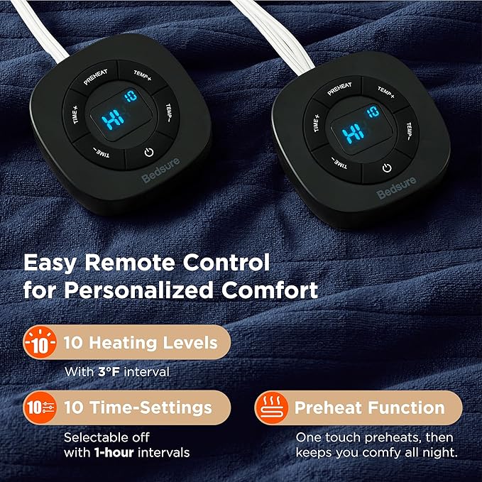 Bedsure Electric Blanket King Size - Dual Control Heated Blanket King Size, Fast Heating with 10 Time Settings & 10 Heat Settings, Warm Gifts for Grandma, Women, Men (100x90 inches, Navy)