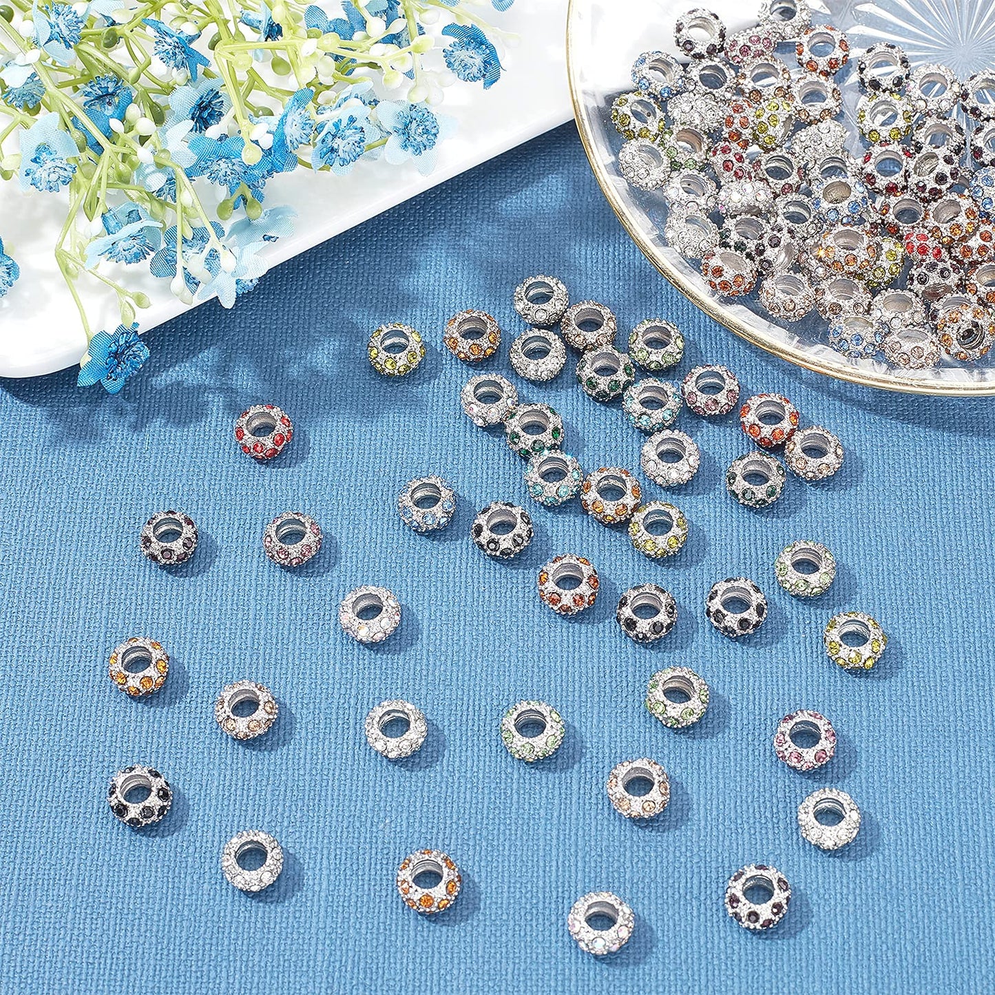 PH PandaHall 100pcs Rhinestone Large Hole European Beads, Platinum Mixed Color Crystal Rondelle Spacer Beads Fit European Snake Chain Charms Bracelet(11x6mm, Hole: 5mm)